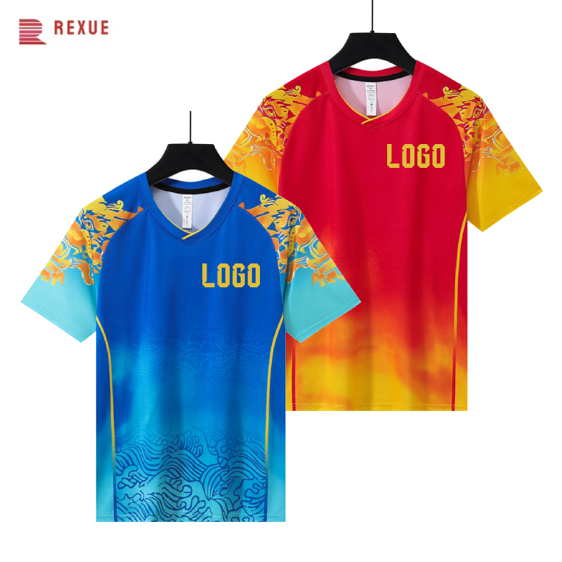 Table Tennis Asian Games - เสื้อลายกีฬาปิงปองมังกรจีนสีแดงสีฟ้าแบบเอเชีย Kaus Bulu tangkis ผู้ชายผู้หญิงเด็กฝึกปิงปอง Baju